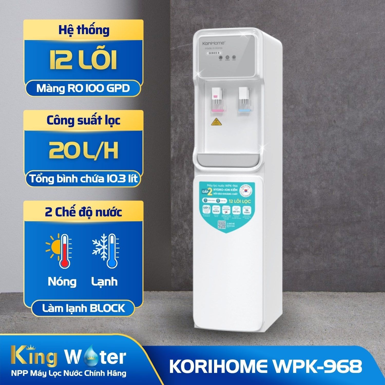 Máy Lọc Nước RO Nóng Lạnh Korihome WPK-968 | Tủ Đứng 12 Lõi