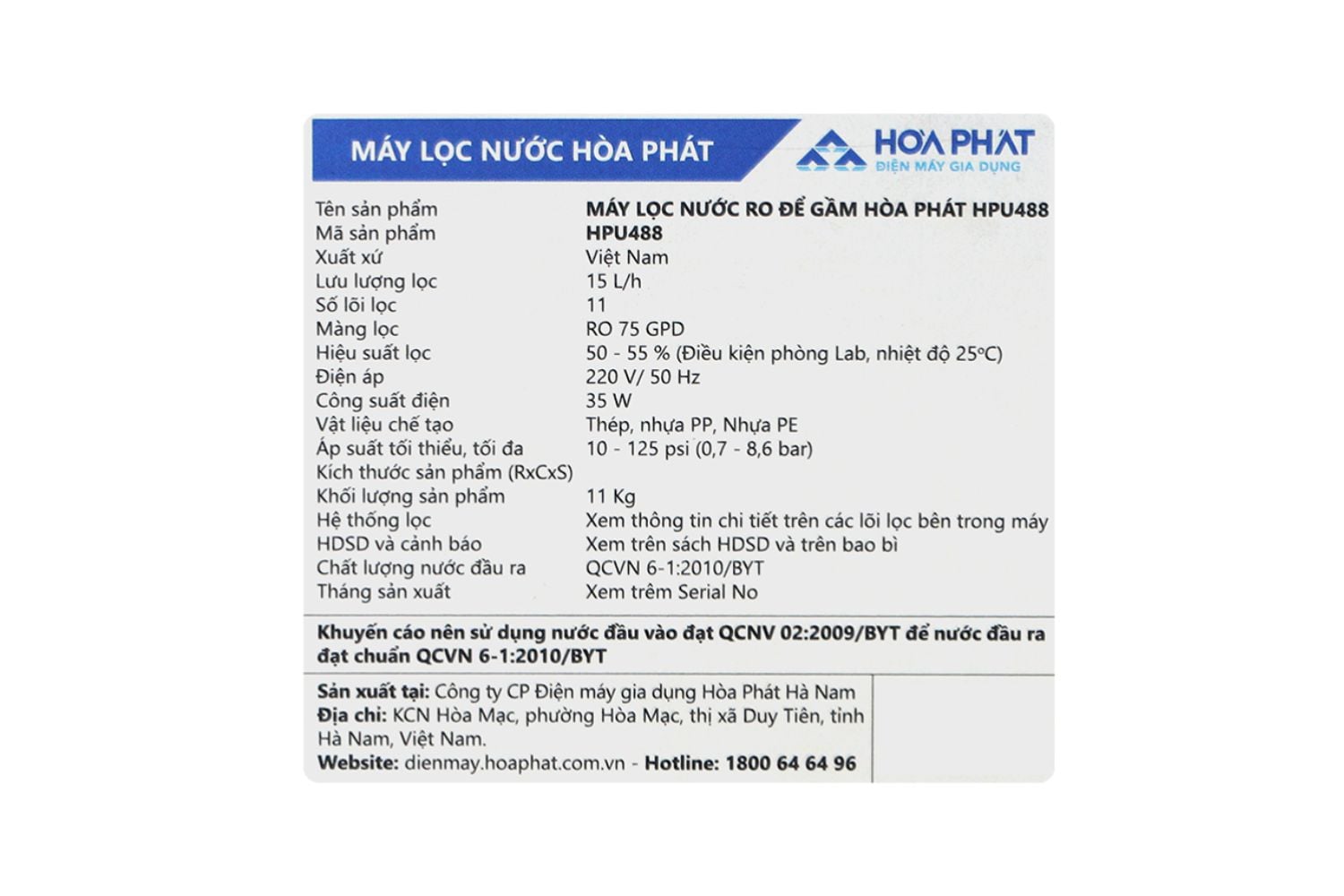 Máy Lọc Nước RO Hydrogen Hòa Phát HPU488 | Để Gầm 10 Lõi