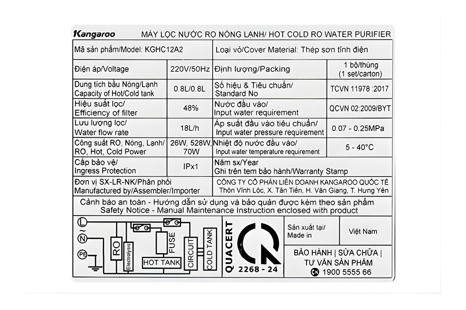 Máy Lọc Nước RO Hydrogen Ion Kiềm Kangaroo Sumire KGHC12A2 | Nóng Nguội Lạnh