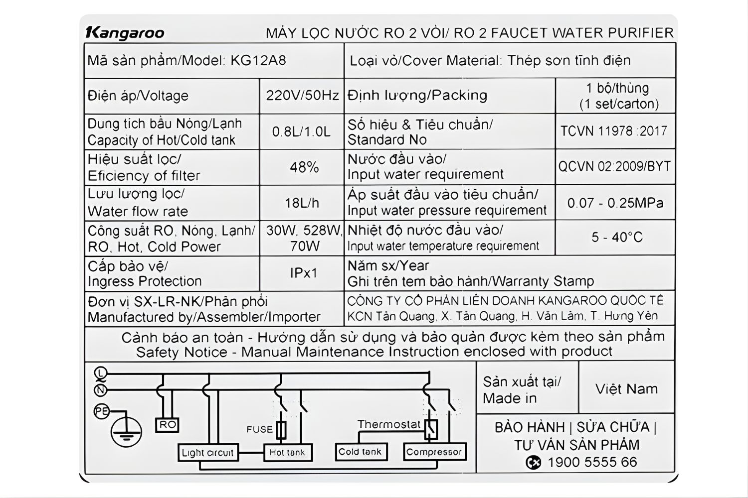 Máy Lọc Nước RO Nóng Lạnh Hydrogen Kangaroo Sumire KG12A8 | Tủ Đứng 12 Lõi