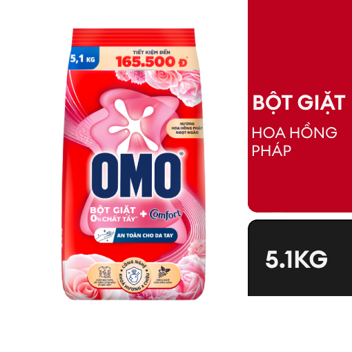 Bột giặt OMO Comfort Hoa hồng Dịu mát Bền lâu 5.1kg