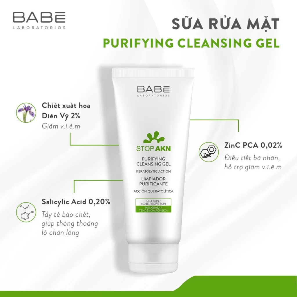 Sữa Rửa Mặt Cho Da Dầu Mụn Babe Stop Akn Purifying Cleansing Gel 200ml