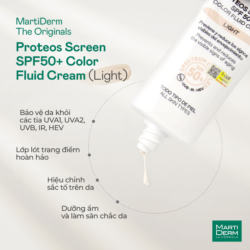 Kem Chống Nắng Làm Đều Màu Da MartiDerm The Originals Proteos Screen SPF50+ Color Fluid Cream Light 40ml