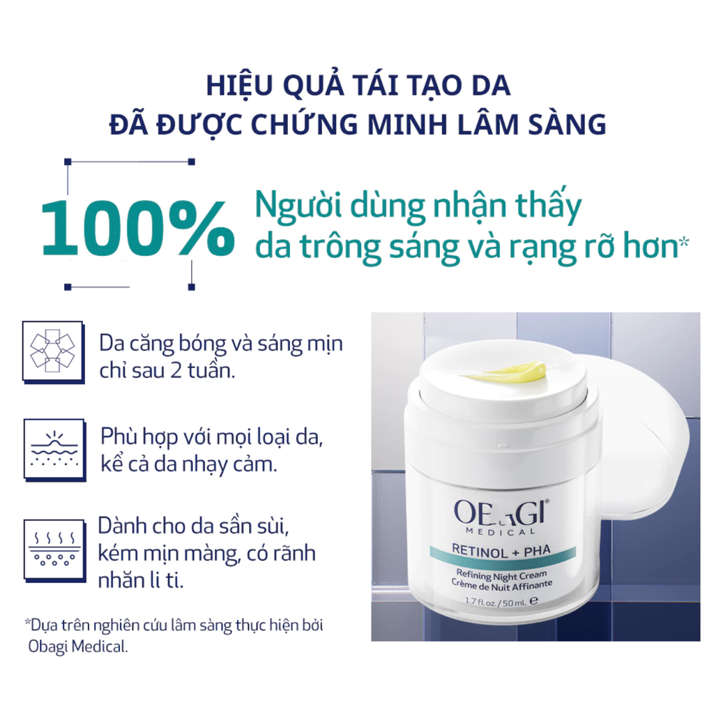 Kem Dưỡng Giúp Căng Bóng Và Sáng Mịn Da Ban Đêm Obagi Retinol + PHA Refining Night Cream 50ml