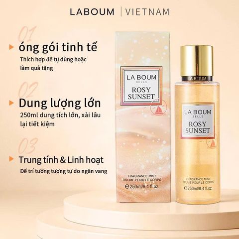 Xịt Thơm Body Mist LA BOUM Có Ánh Kim Lấp Lánh 250ml #ROSY SUNSET