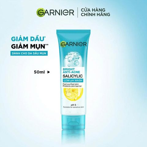 [Mini] Sữa Rửa Mặt Giảm Mụn Garnier Bright Anti-Acne Salicylic Low pH Wash 50ml