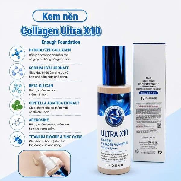 (Phiên bản nâng cấp) Kem Nền Che Phủ Cao ENOUGH Ultra X10 Cover Up Collagen Foundation SPF50+ PA+++ No.21