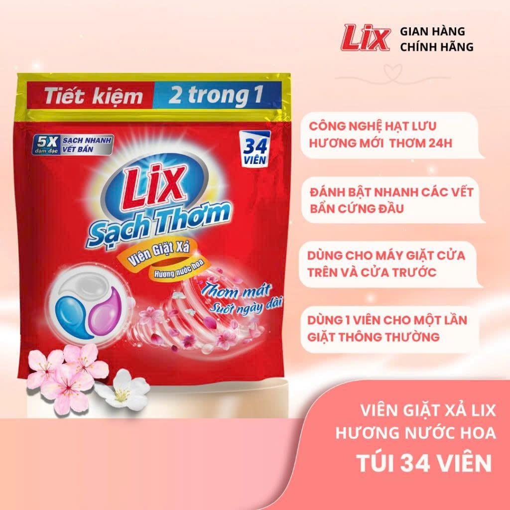 Viên giặt xả Lix sạch thơm hương nước hoa 510g – 34 viên
