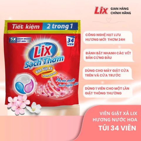 Viên giặt xả Lix sạch thơm hương nước hoa 510g – 34 viên
