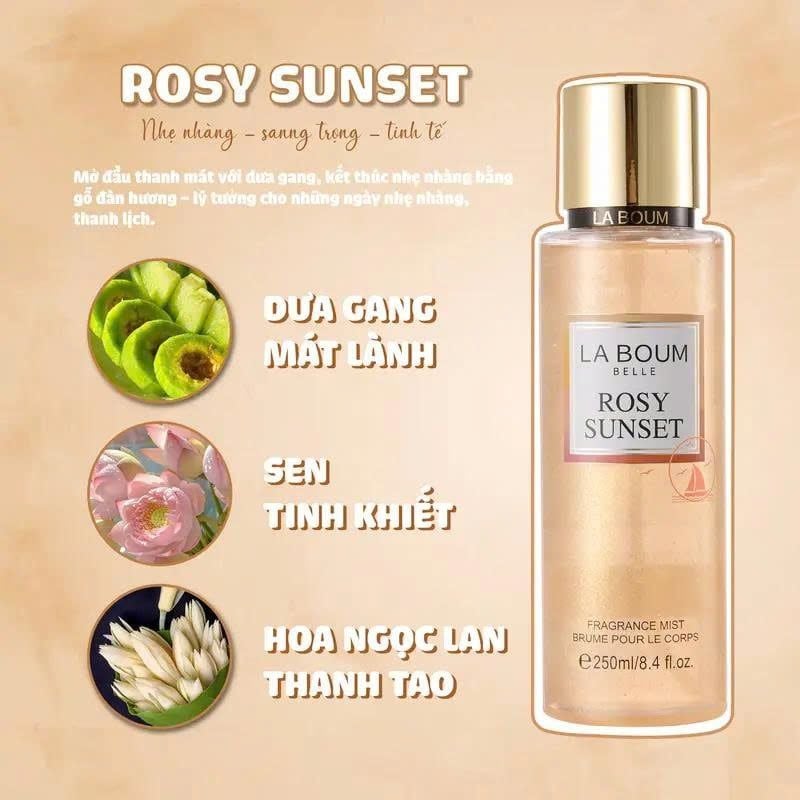Xịt Thơm Body Mist LA BOUM Có Ánh Kim Lấp Lánh 250ml #ROSY SUNSET