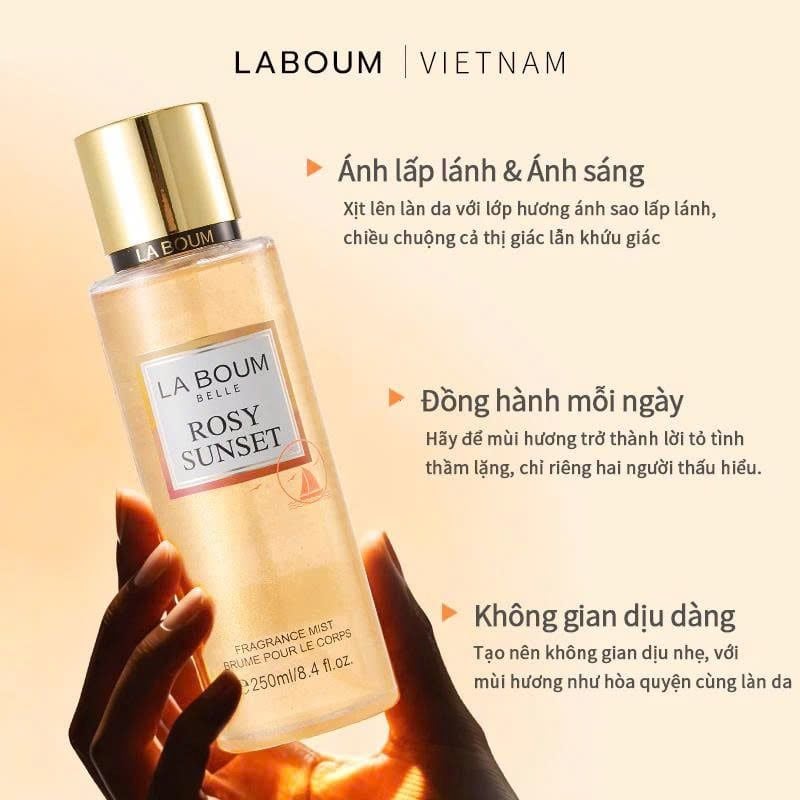 Xịt Thơm Body Mist LA BOUM Có Ánh Kim Lấp Lánh 250ml #ROSY SUNSET