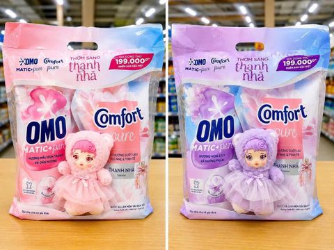 OMO NƯỚC GIẶT CỬA TRƯỚC LINH LAN 1.6KG + NƯỚC XẢ CFT THANH NHÃ 1.4L (TẶNG GẤU)