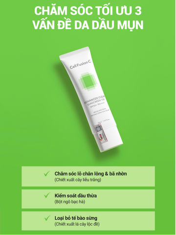 Kem Chống Nắng Phổ Rộng Cho Da Dầu Mụn Cell Fusion C Advanced Clear Sunscreen 100 Spf50+ Pa++++ 35ML