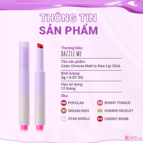 Son môi 4-in-1 DAZZLE ME Color Chrome Melt to Dew Lip Click dưỡng ẩm chống nắng căng bóng đôi môi 2g