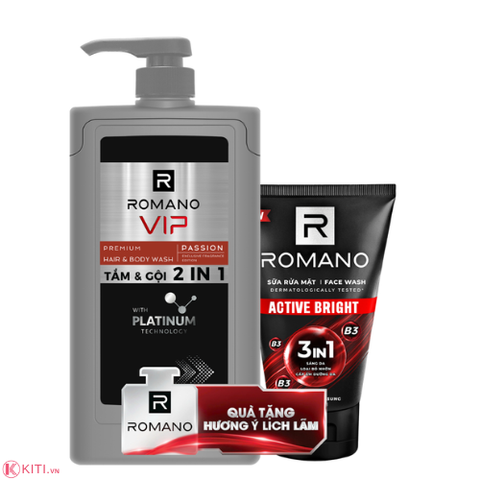 Tắm gội 2 trong 1 Romano Vip Passion sạch sâu 650G + SRM 100G ACTIVE BRIGHT