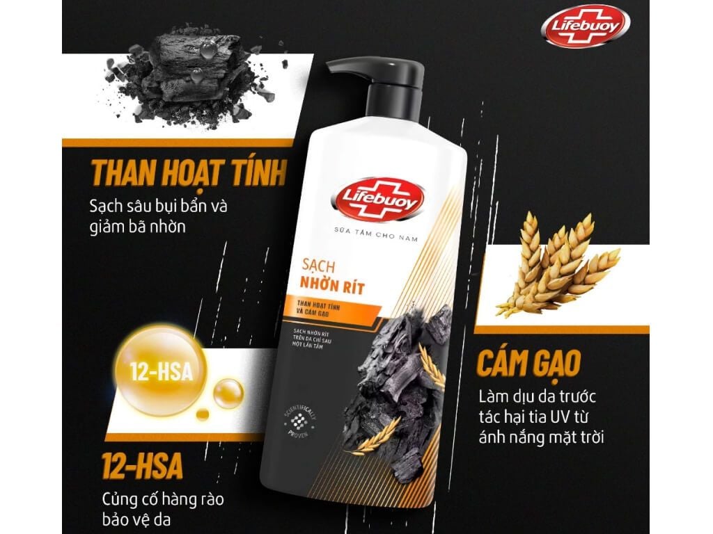 Lifebuoy Sữa Tắm Detox Than Hoạt Tính & Cám Gạo 800g