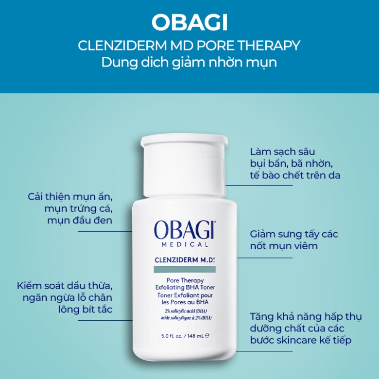 Dung dịch giảm nhờn mụn BHA Obagi Clenziderm MD Pore Therapy 148ml