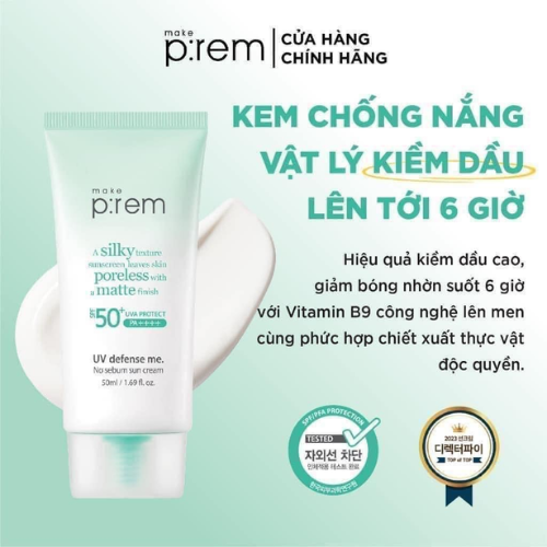 Kem Chống Nắng Vật Lý Make P:rem UV Defense Me No Sebum Sun Cream SPF 50+ PA++++ 50ml