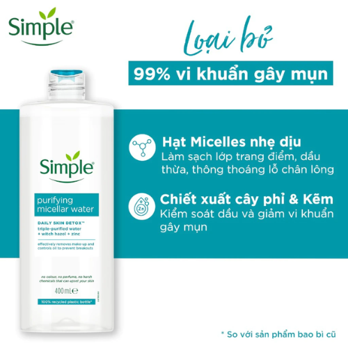 Nước Tẩy Trang Simple Làm Sạch Trang Điểm Vượt Trội (Micellar Cleansing Water)