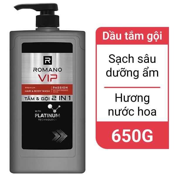 Tắm gội 2 trong 1 Romano Vip Passion sạch sâu 650G + SRM 100G ACTIVE BRIGHT