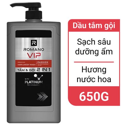 Tắm gội 2 trong 1 Romano Vip Passion sạch sâu 650G + SRM 100G ACTIVE BRIGHT