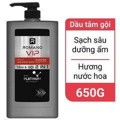 Tắm gội 2 trong 1 Romano Vip Passion sạch sâu 650G + SRM 100G ACTIVE BRIGHT
