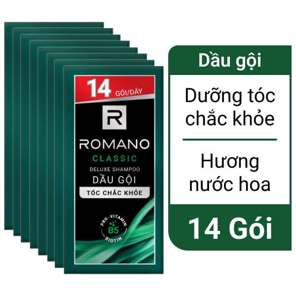 Dầu gội hương nước hoa Romano Classic tóc chắc khoẻ 5g x 12 gói (Tặng 2 gói)