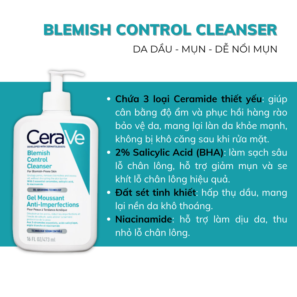 Sữa Rửa Mặt Cerave Cho Da Dầu Mụn Blemish Control Cleanser 473ml