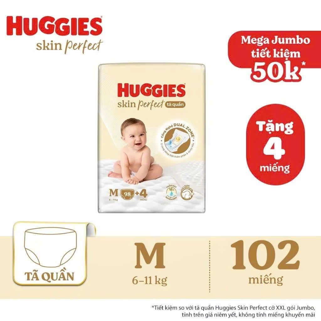 Tã bỉm quần Huggies Skin Perfect 2 vùng thấm M L XL XXL