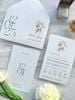 Thiệp cưới tối giản màu trắng xanh phong cách botanical, kèm phong bì và thiệp mời in hoa khô hiện đại