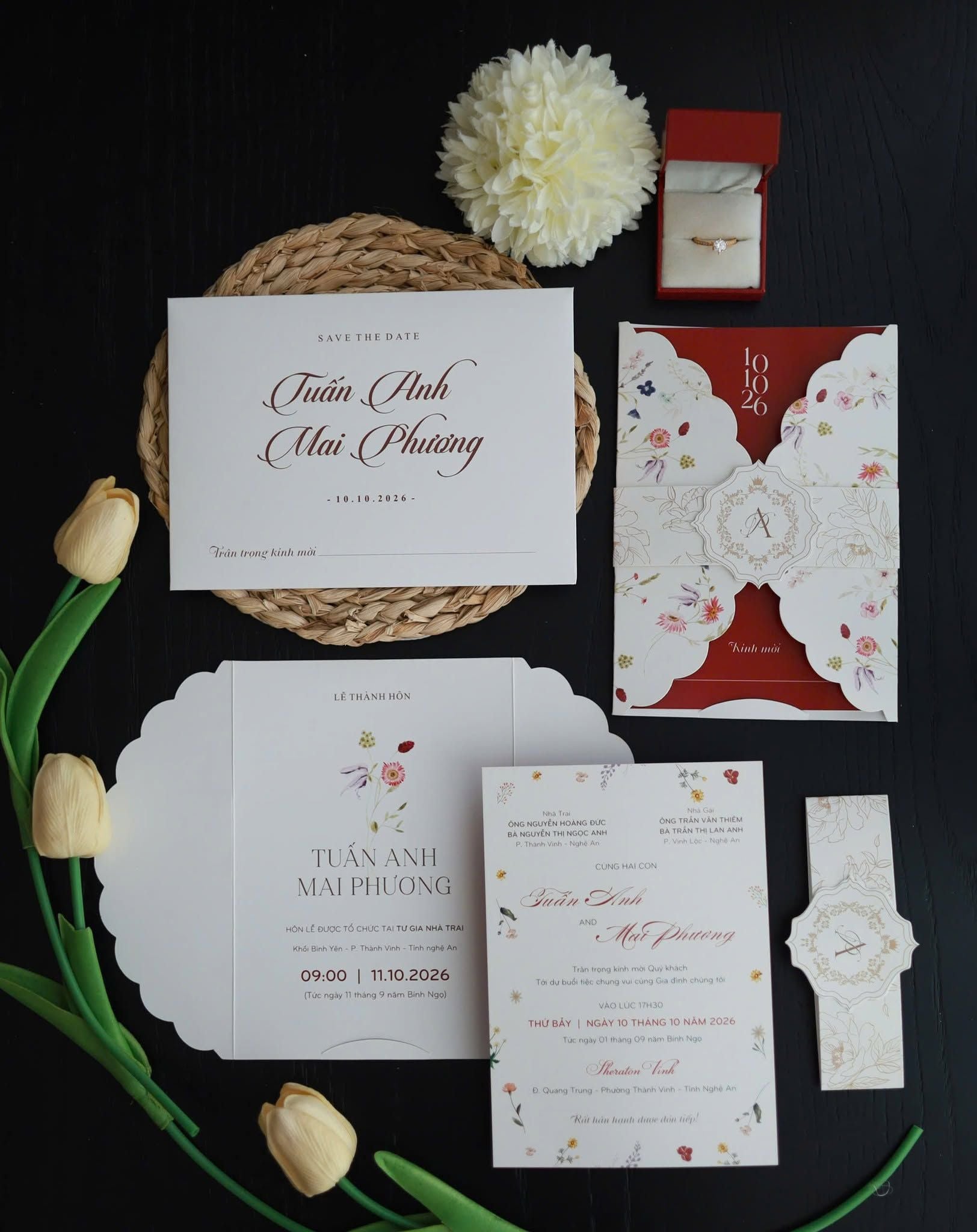 Bộ thiệp cưới minimalism tông đỏ trắng tinh tế thiết kế độc quyền bởi thiep.vn