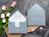 Trọn bộ thiệp cưới giấy màu xanh sage sang trọng kèm phong bì, thiệp timeline và thiệp chương trình tiệc cưới của thiep.vn