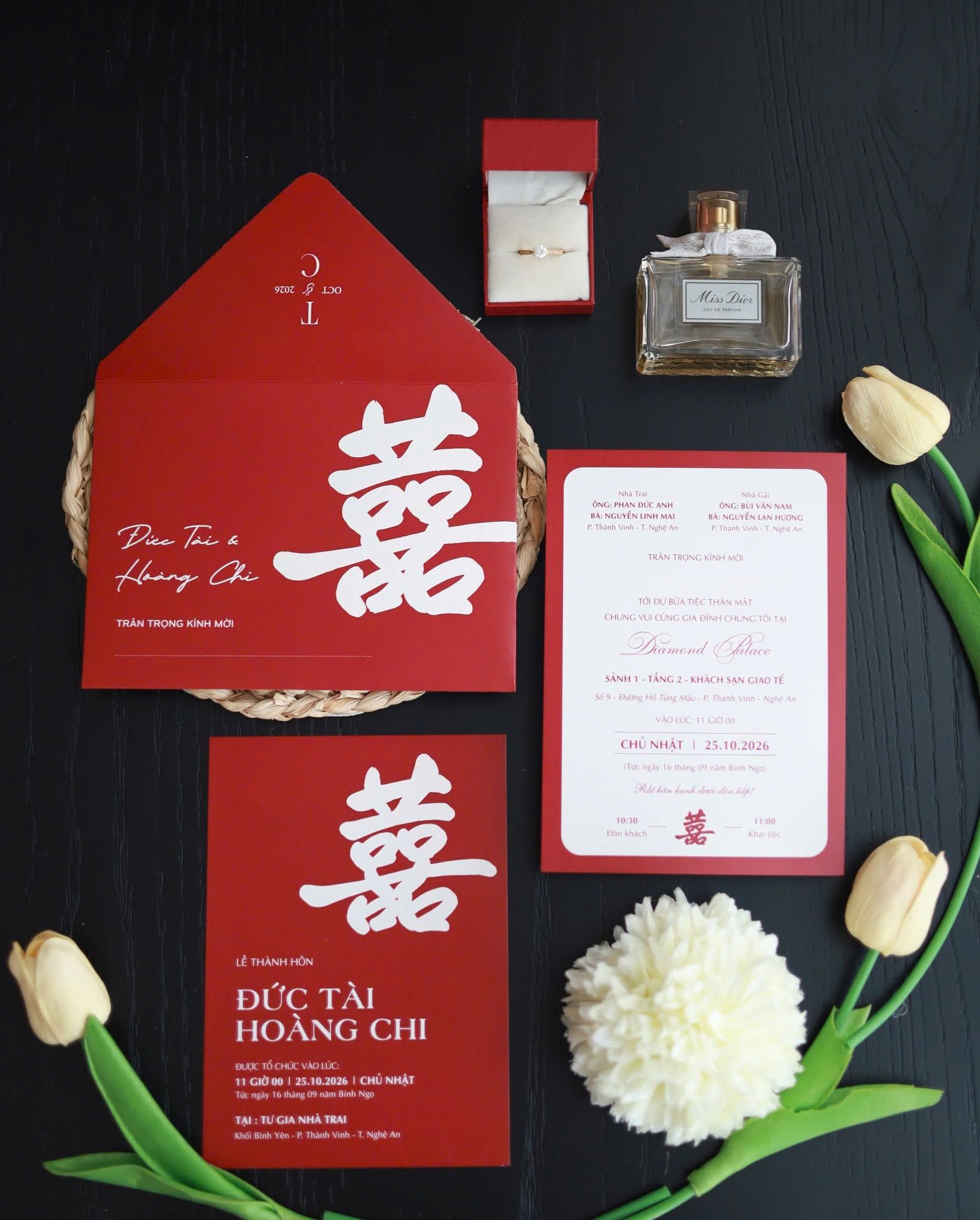 Trọn bộ thiệp cưới giấy màu đỏ chữ Hỷ thư pháp sang trọng của thiep.vn