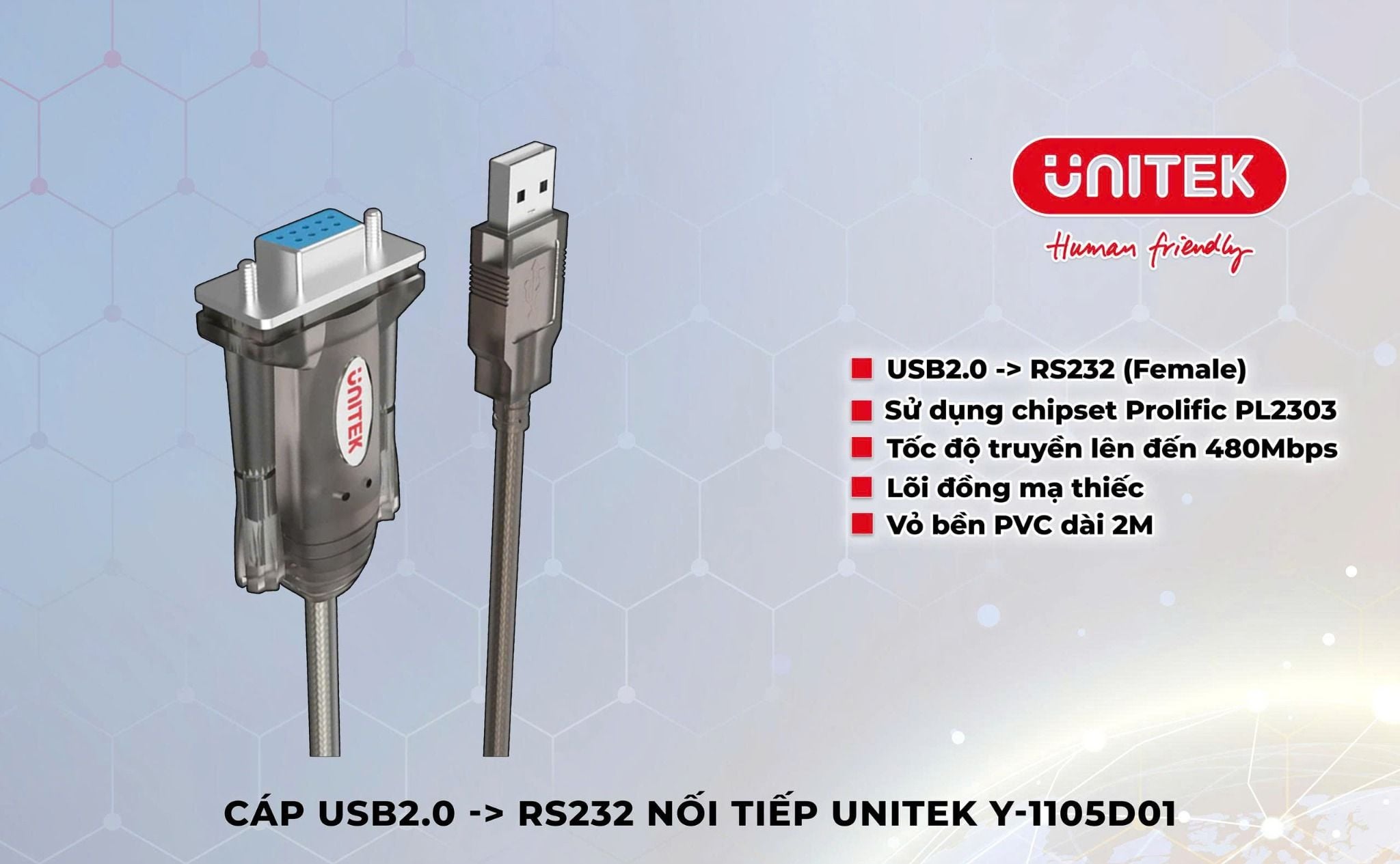 CABLE USB => COM RS232 UNITEK 2M Y-1105D01
