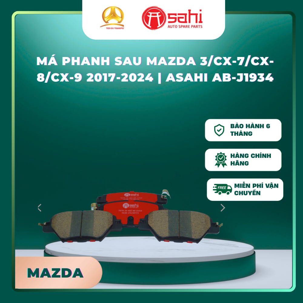  Má Phanh Sau Asahi AB-J1934 Cho Mazda 3/CX-7/CX-8/CX-9 (2017–2024) – Bố Thắng Đĩa Chuẩn Zin, Êm Ái, Chính Hãng 