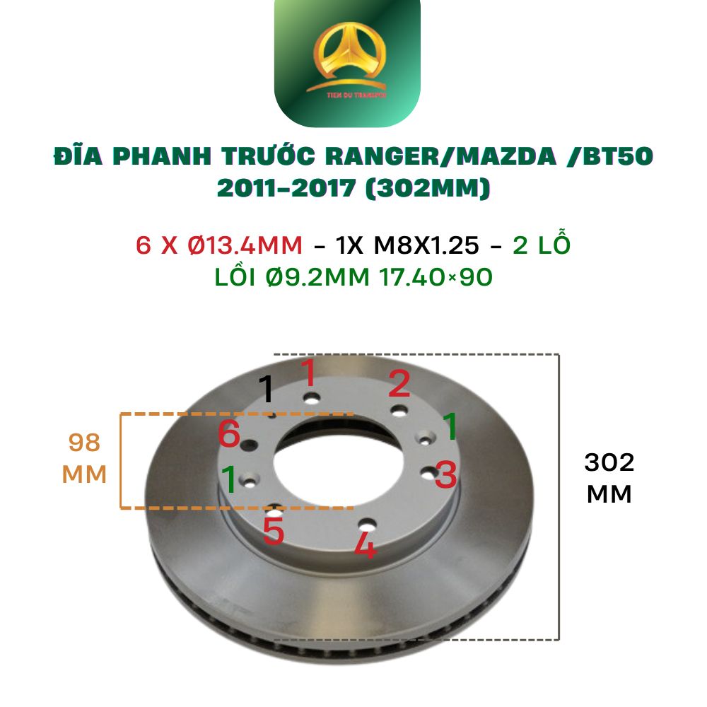  Đĩa Phanh Trước 302mm Ford Ranger / Mazda BT50 2011–2017 – Phụ Tùng Ô Tô Chuẩn Zin, Chính Hãng 