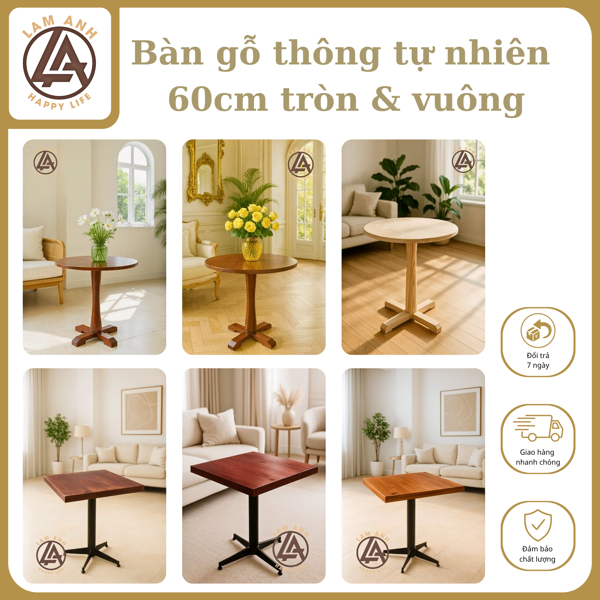 Bàn gỗ tự nhiên 60cm | Tròn & Vuông | Poplar/Thông Mỹ | Bàn trà – bàn cafe
