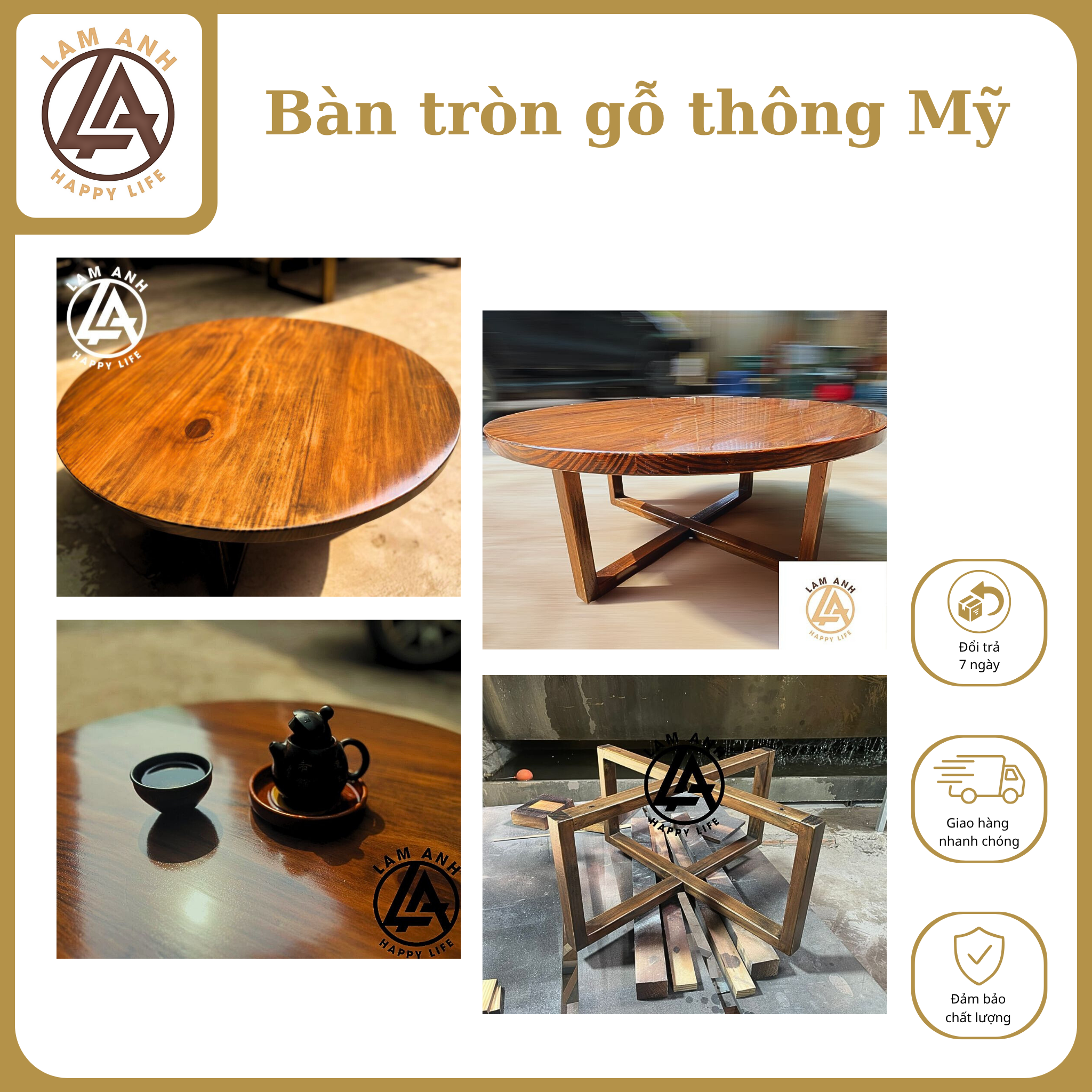 Bàn tròn gỗ thông Mỹ nguyên khối – Thiết kế sang trọng, bền chắc.