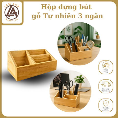  Hộp đựng bút gỗ tự nhiên – 3 ngăn, bền đẹp, tiện nghi 