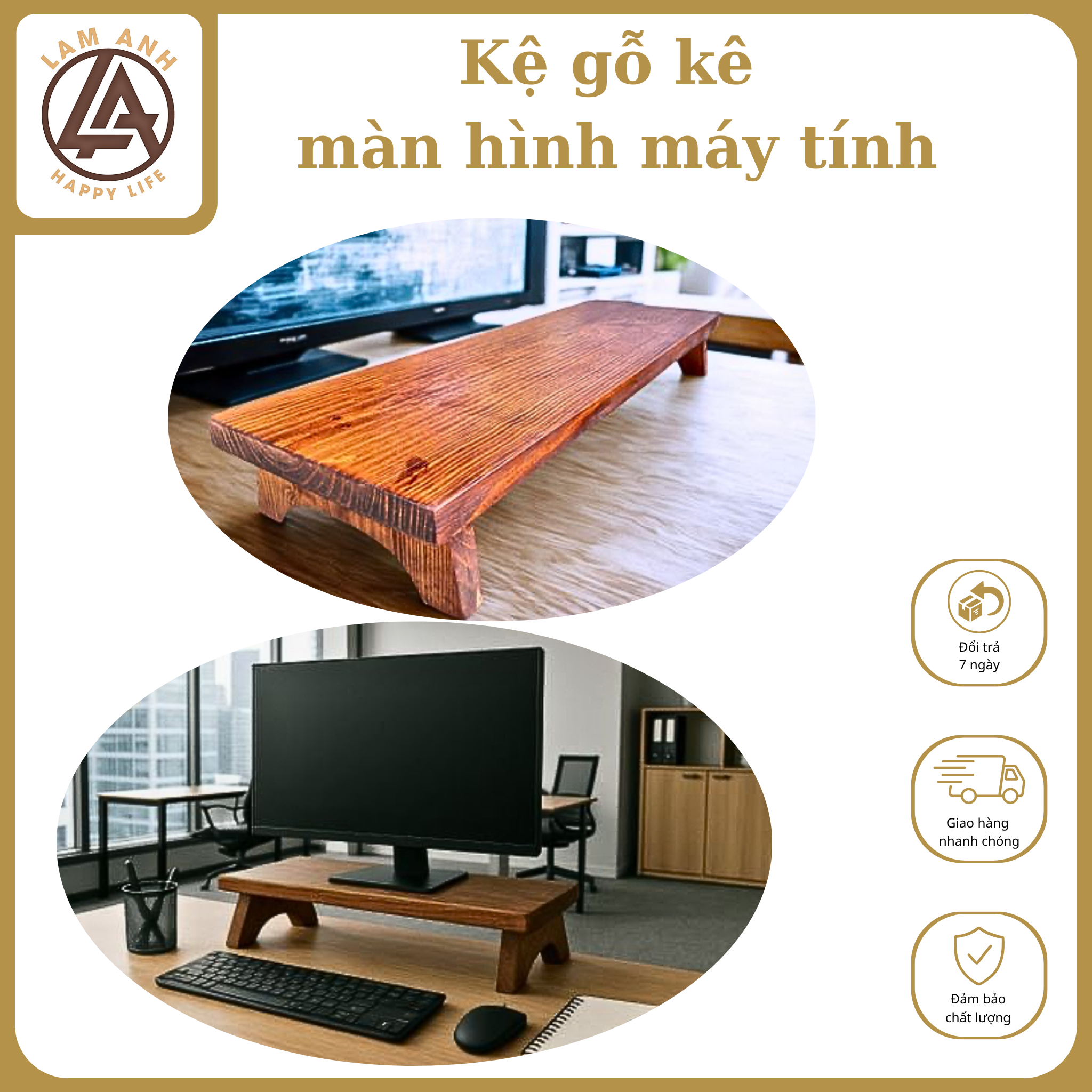 Kệ gỗ Thông Mỹ kê màn hình – Nâng tầm góc làm việc sang trọng & gọn gàng