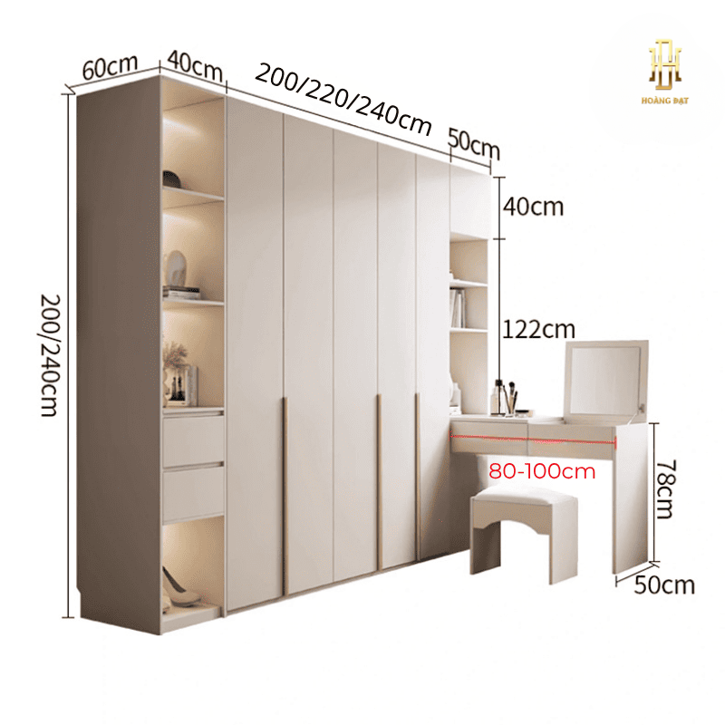 Tủ quần áo gỗ MDF cao cấp Hoàng Đạt (kèm bàn trang điểm) - TQA009