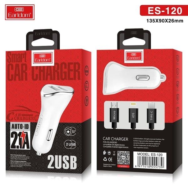  Tẩu sạc Earldom ES120 2.1A (kèm cáp 3) 