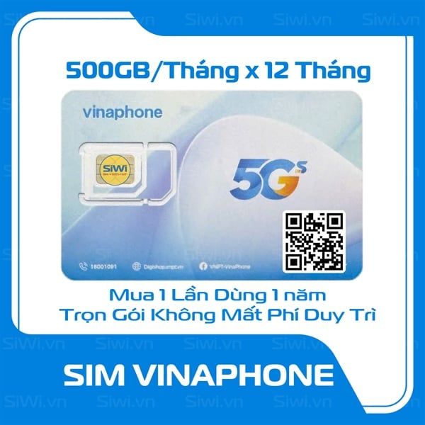  Sim Vina U1500 500GB/Tháng trọn gói 12 Tháng (Esim & Vật Lý) 