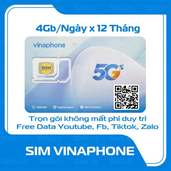  Sim Vina 4GB/N trọn gói 12T Free Tiktok, YT, FB, Zalo (12VIP) 