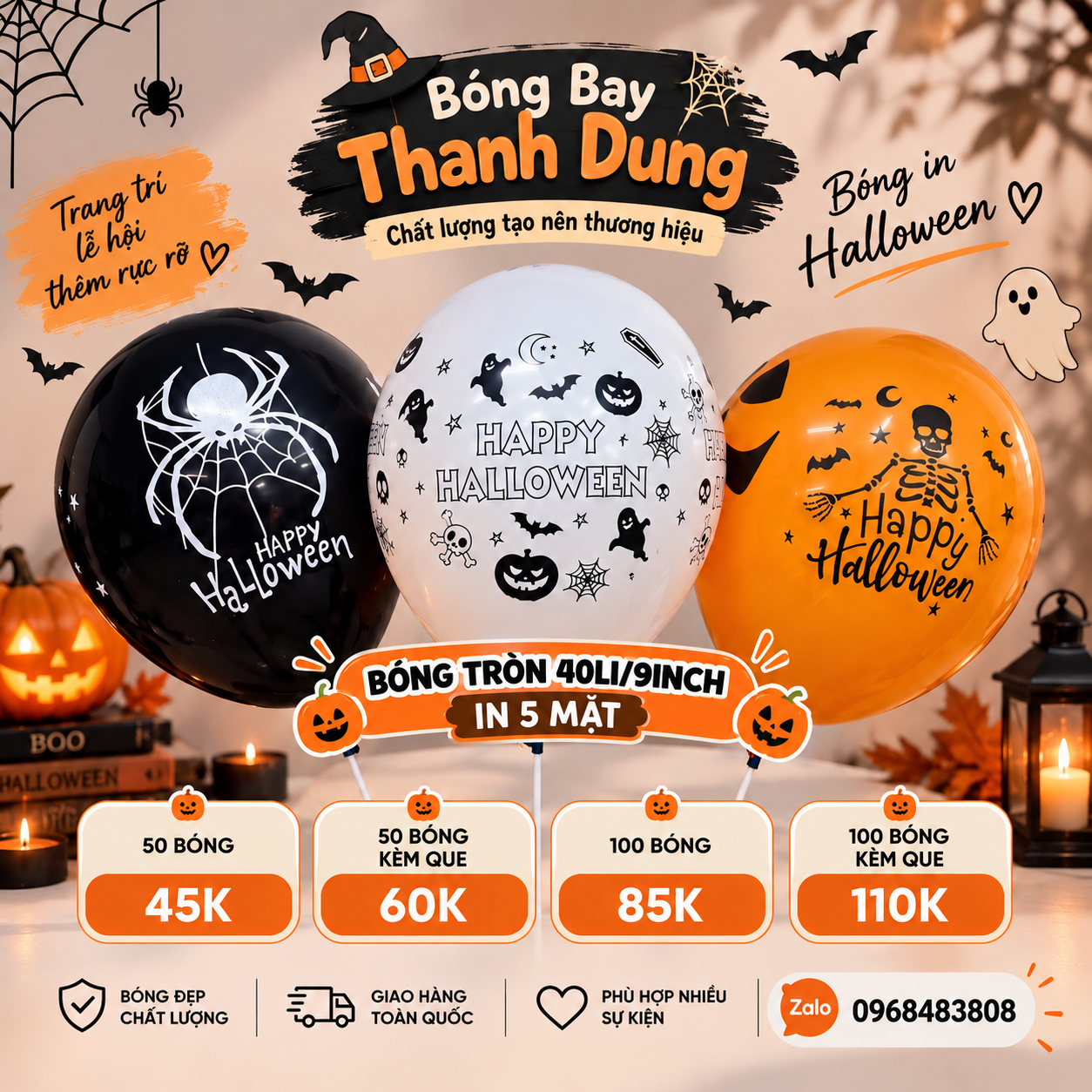  SET BÓNG IN HALLOWEEN 40LI 9INCH BÓNG TRÒN CAO SU IN 1 MẶT 5 MẶT TRANG TRÍ TIỆC SỰ KIỆN LỄ HỘI 