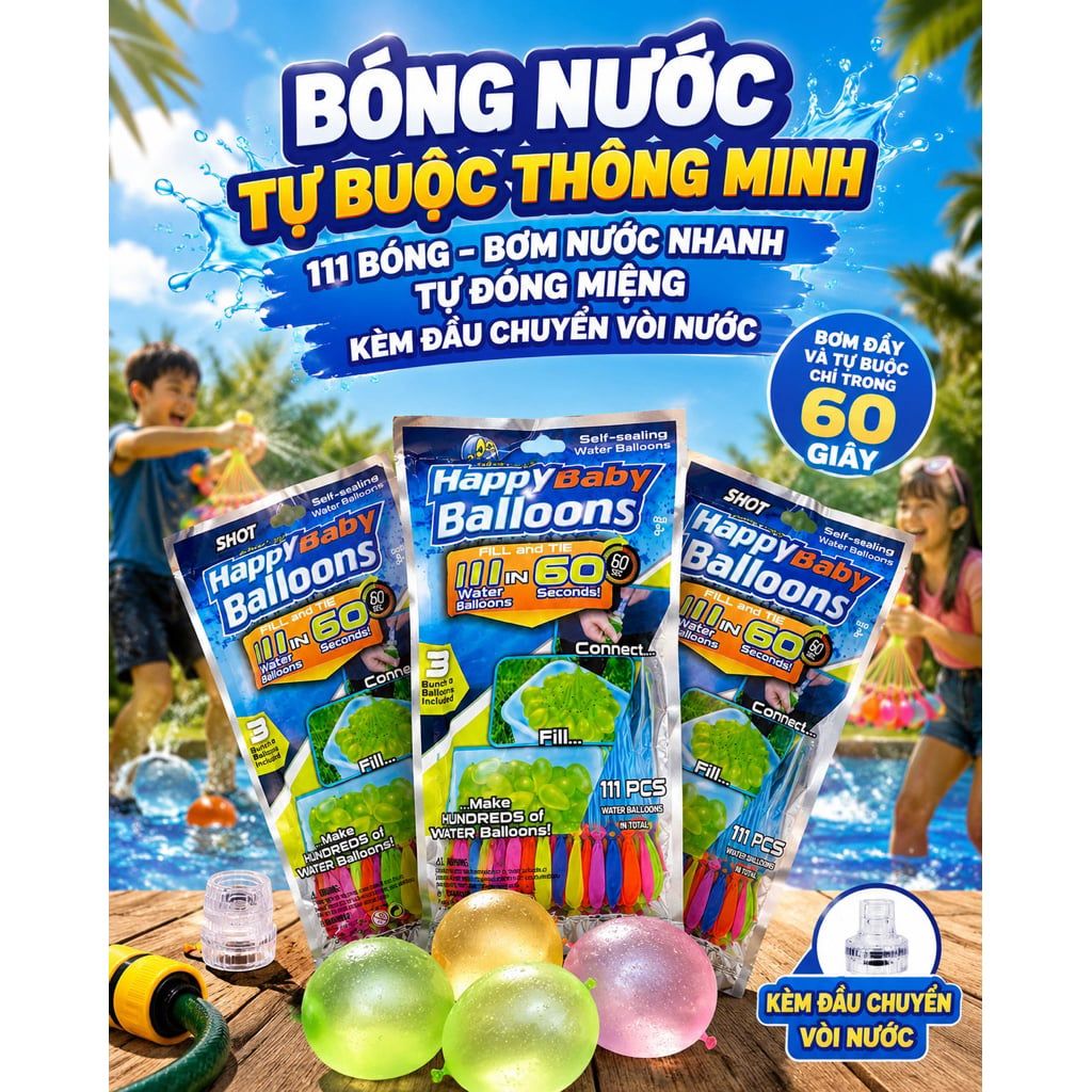  Bóng Nước Tự Buộc Thông Minh 111 Bóng Kèm Đầu Nối Vòi Nước. 