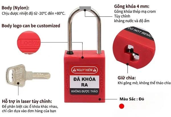 Ổ khóa an toàn còng bằng thép 4mm PROLOCKEY KD-P38SSD4-RED