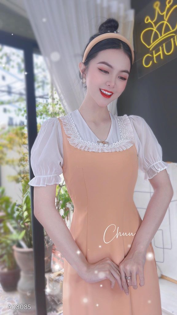 Áo Dài Pha tơ cổ V AD8085 (áo lẻ)