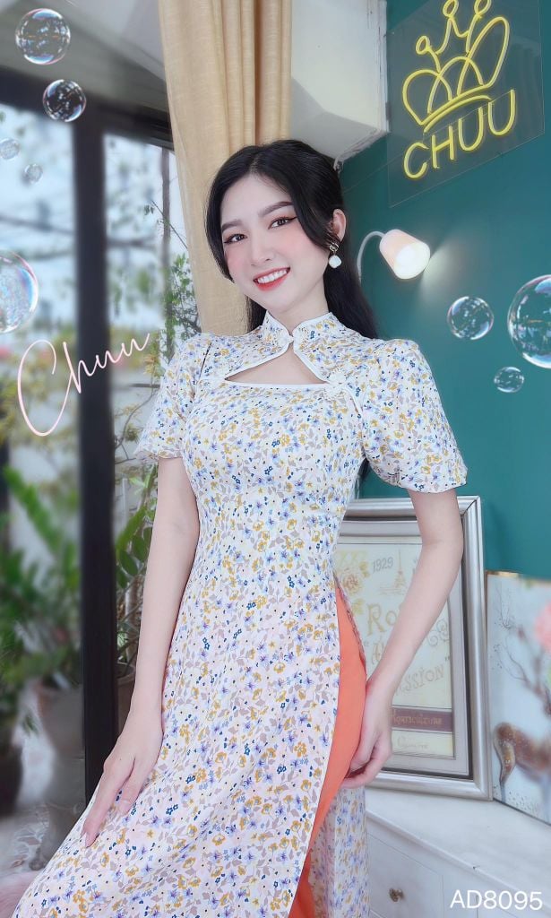 Áo Dài Cổ Tàu Nút Kem AD8095 (áo lẻ)