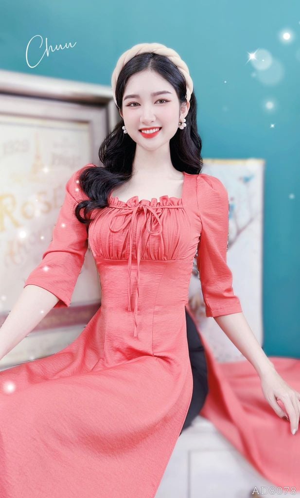 Áo Dài Cổ Vuông Bèo Nhún AD9001.8078 (áo lẻ)